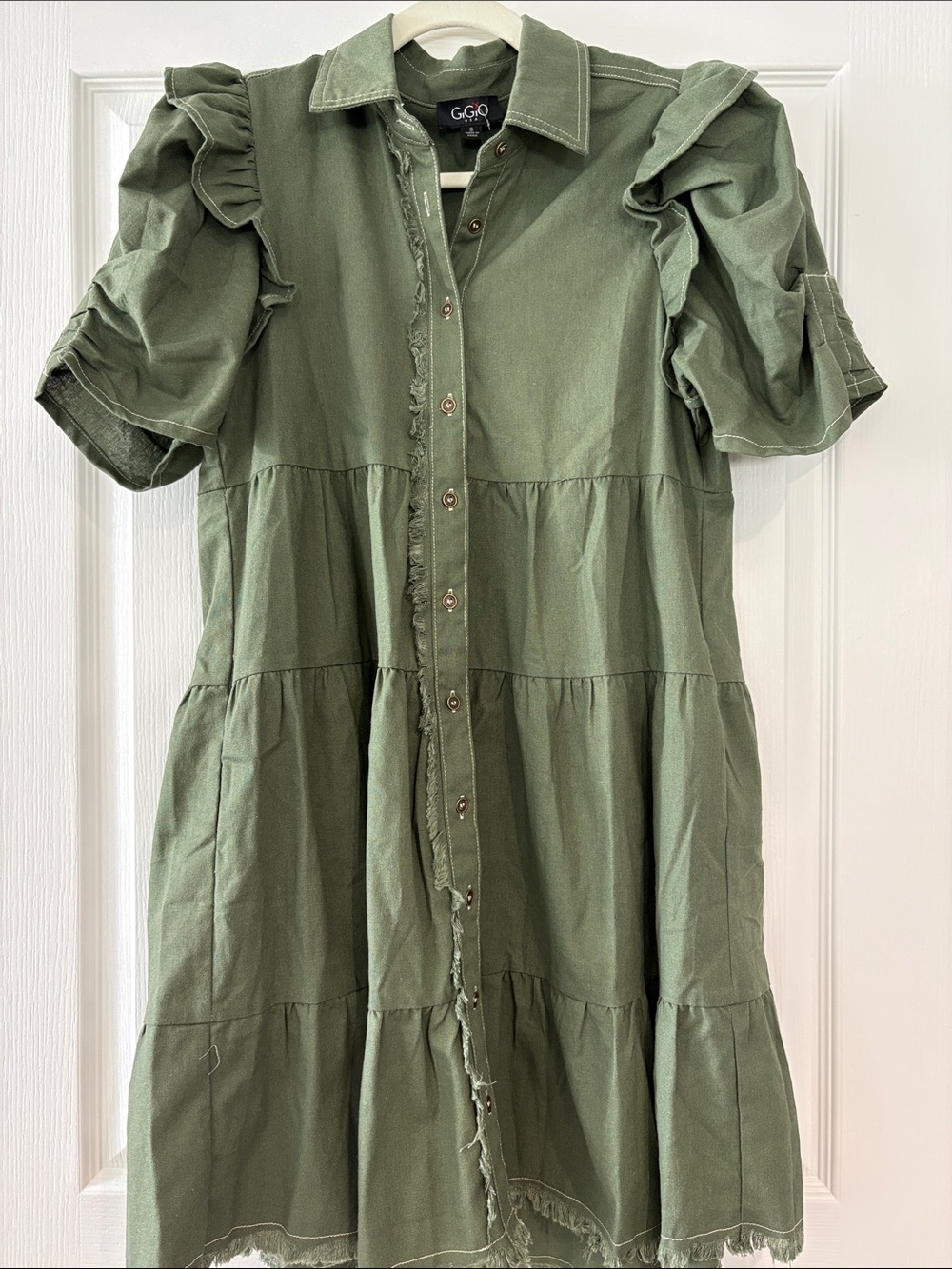 GIGIO Olive Tiered Ruffle-Sleeve Mini Dress